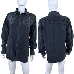 Affliction Women Size M Black Button Down Spellout Cross Embroidered Shirt Goth